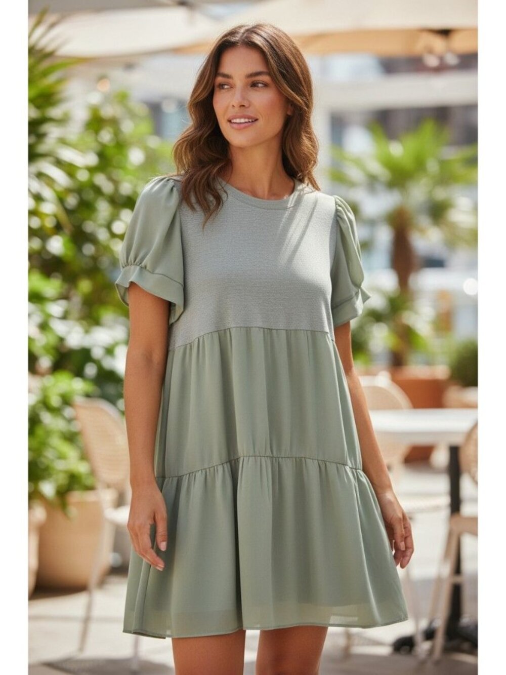 Blu Pepper Sage Green Short Sleeve Tiered Babydoll Dress Size L Summer Wedding